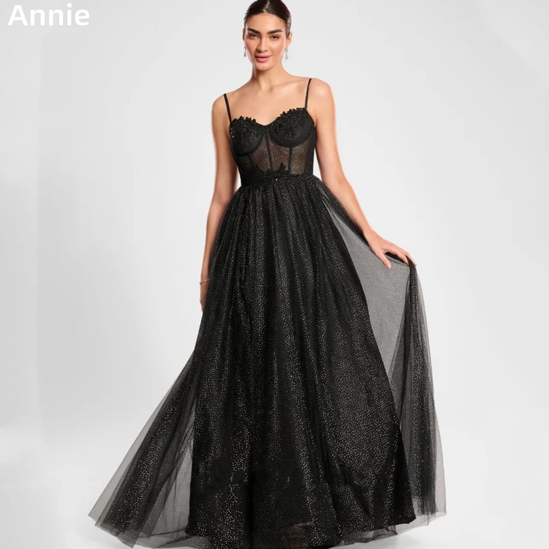 

Annie Embroidered Sequins Prom Dresses Black Glitter Tulle Evening Dresses A-line Corset Robes De Soirée Customized