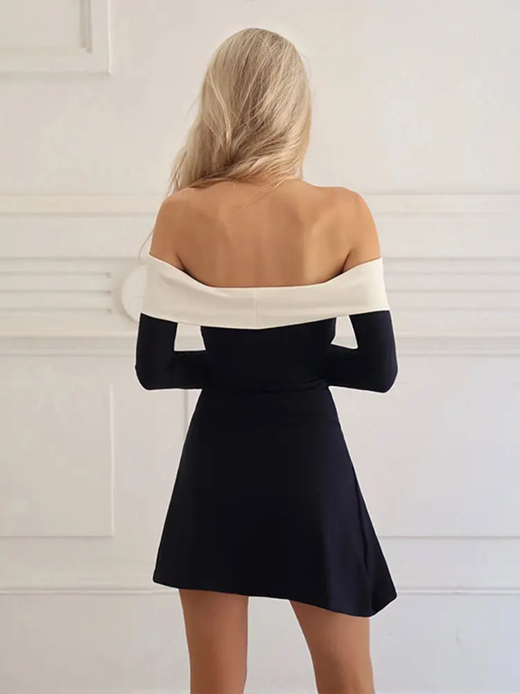 New Off Shoulder Mini Dresses Sexy Block Color Backless Tube Top Long Sleeves Basic For Parties 2024 High Quality Simple Dress ﻿