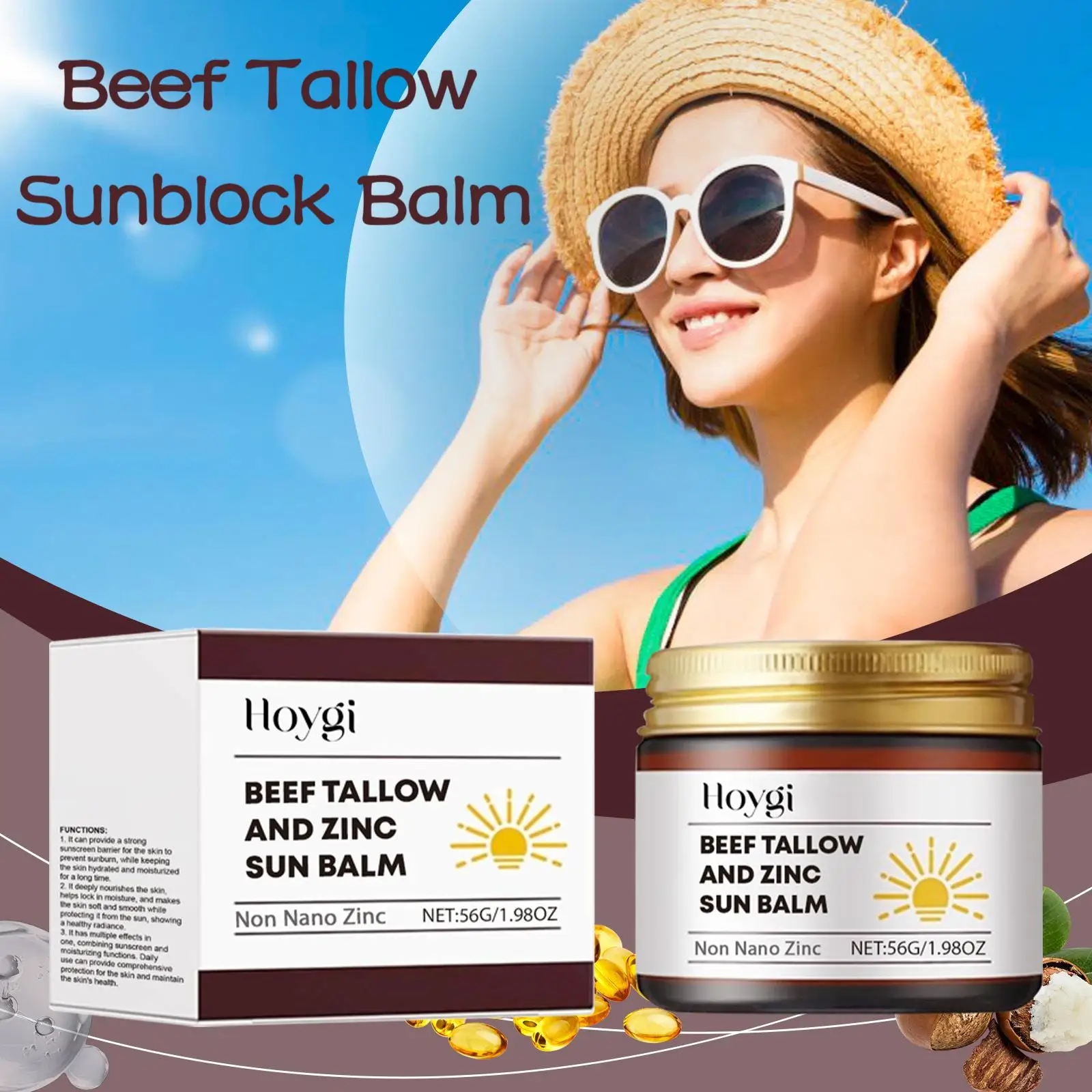 

Hoygi 56g Beef Tallow Sunscreen Balm Moisturizing Face Outdoor Uv Protect Anti Sun Repair Sunburn Redness Refresh Nourish Cream