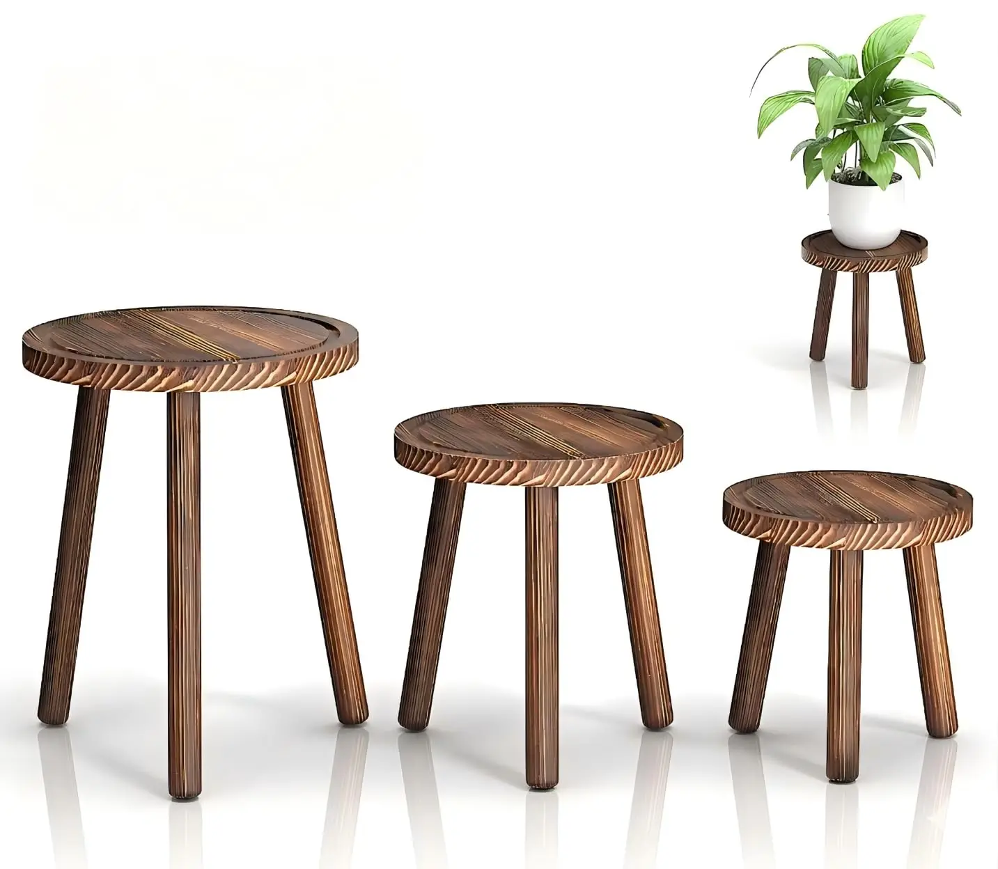 3-Pack Wood Plant Stands Indoor, Single Plant Stand for 6-12 Inch Pots, Mid-Century Modern Plant Stool, Tall Plant Stand for Large Plants Perfect Fit for Living Room, Balcony, Office