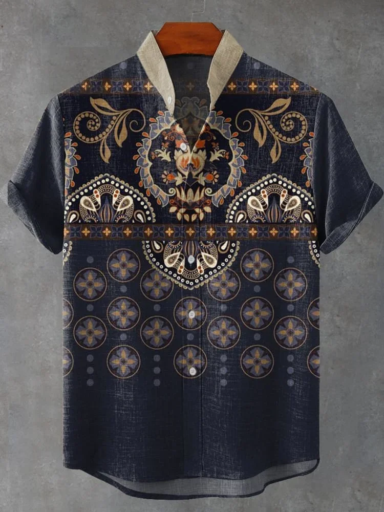 Новая мужская рубашка с короткими рукавами из льняной удобной ткани в стиле ретро с принтом тотема, повседневная уличная трендовая повседневная рубашка