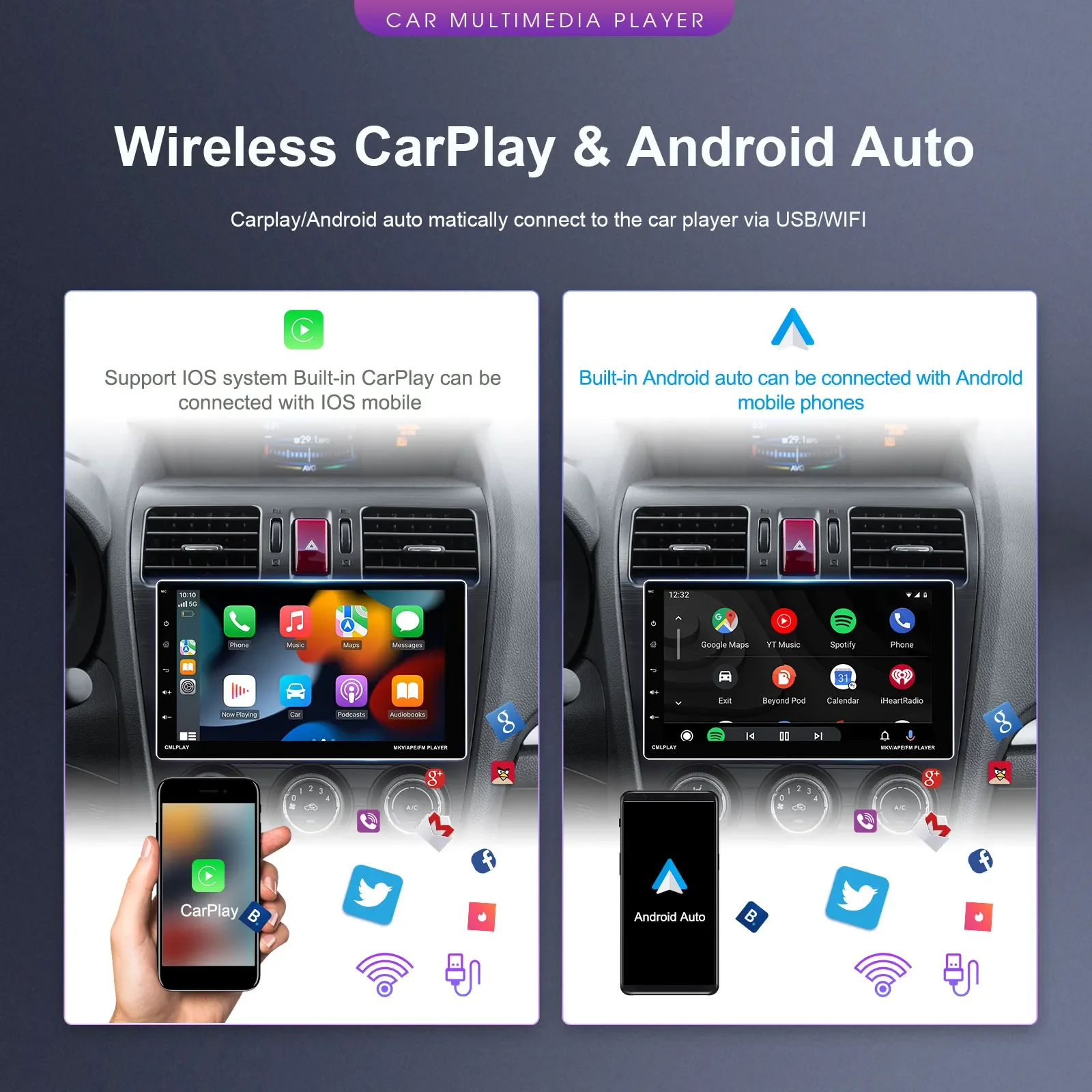 Car Radio 1Din 9'' Carplay Android Auto Multimedia Video Player Touch Screen Rear View Camera WIFI Bluetooth GPS Navigation