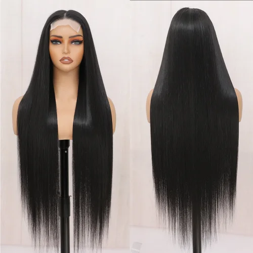 Imagen 2 del producto Pelucas frontales de encaje recto sintético 4X4 para mujer, peluca de fibra Natural de alta temperatura, pelucas de Cosplay con cierre de encaje recto de 36 pulgadas