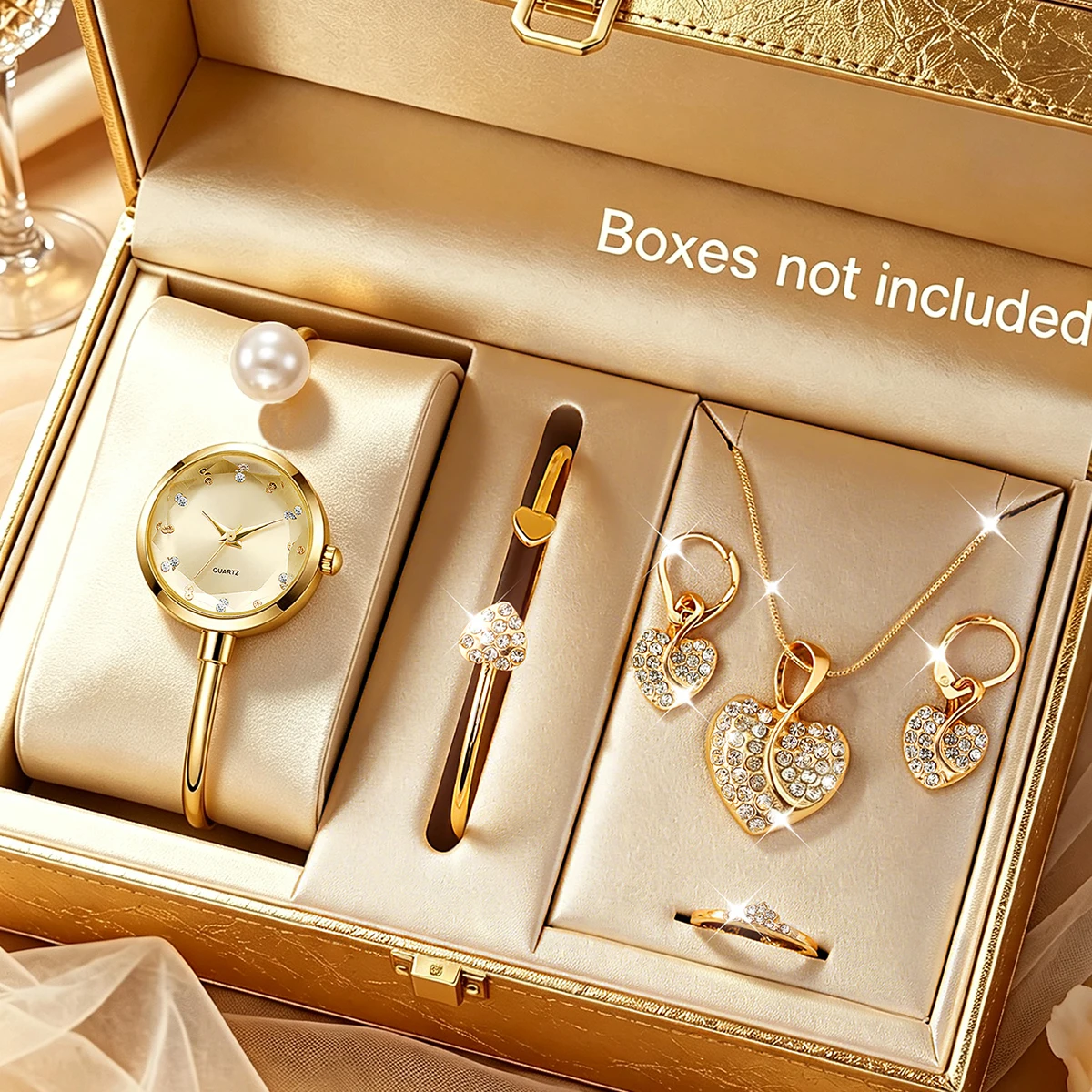6-Piece Set, Women's Quartz Watch with Heart-Shaped Bracelet, Necklace, Earrings, and Ring Set, Elegant and Fashionable, Exquisite and Charming, a Perfect Gift for Mother or Girlfriend.