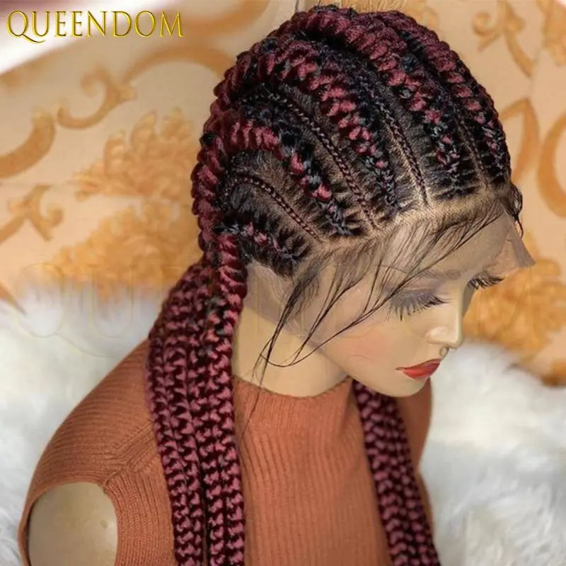 

Synthetic Burgundy Full Lace Cornrow Jumbo Box Wig Lace Front Afro Style Braided Wigs for Black Women Knotless Box Braids Wigs