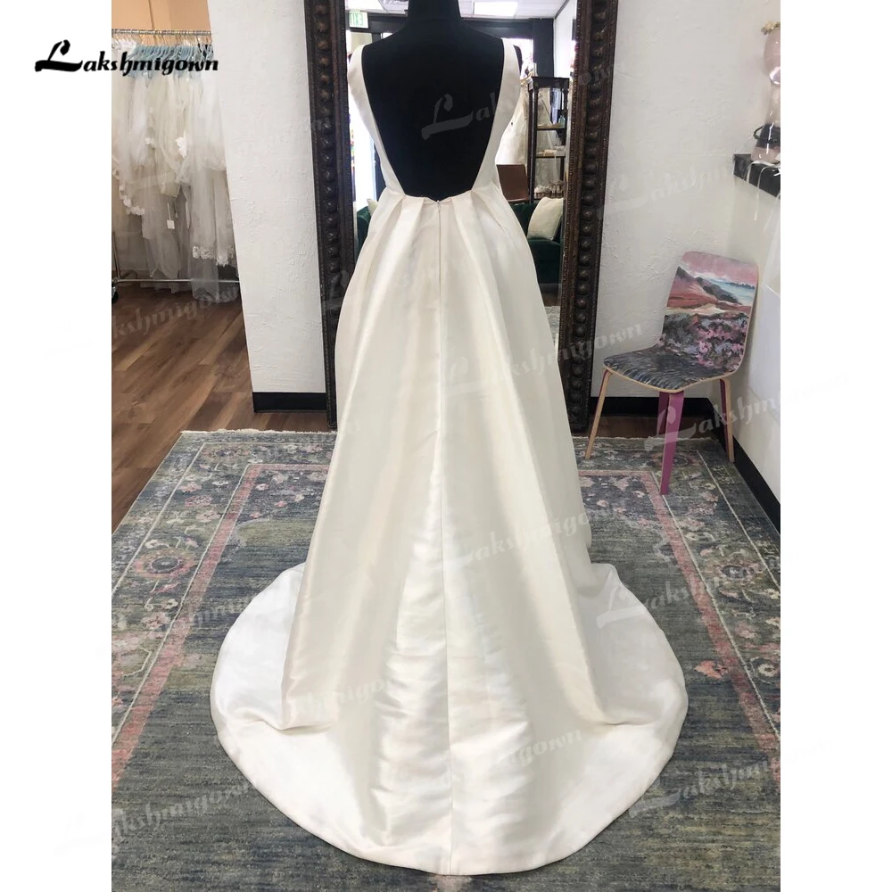 Simples decote em v fora do ombro aberto para trás plissado cetim a linha vestido de casamento para as mulheres boho vestidos de noiva varrer vestidos de novia