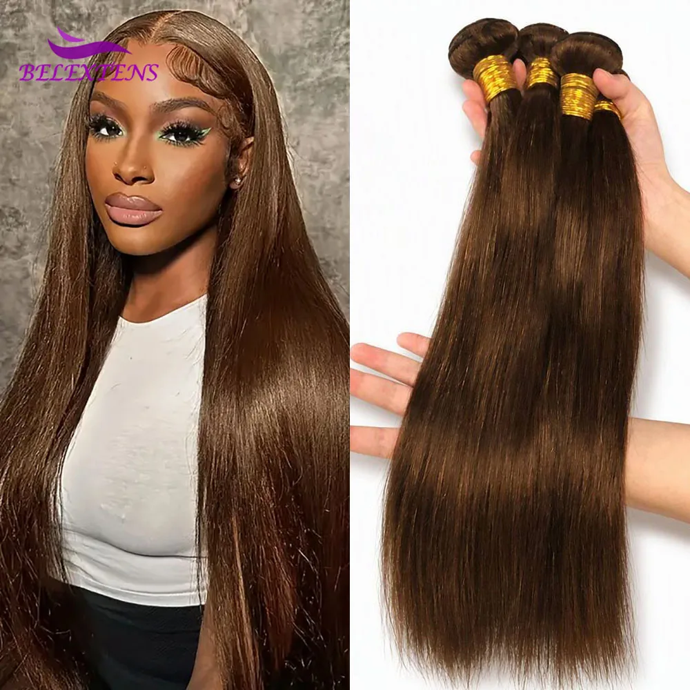 Naturel Mèches de cheveux humains bruns chocolat, extensions 100% cheveux humains brésiliens couleur #4 pour femme, 1/3/4 paquets, 12 à 26 pouces, 90g par mèche
