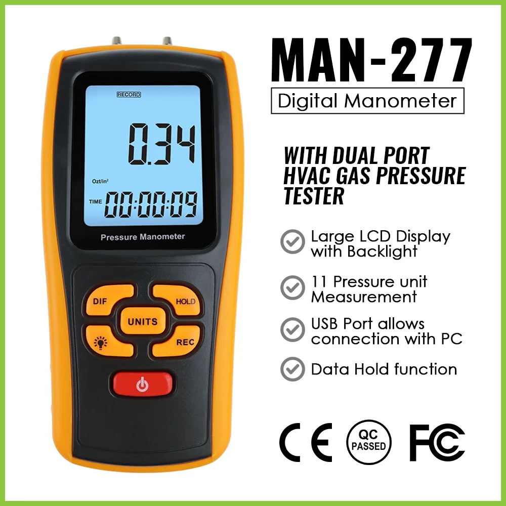 Digital Manometer With 11 Units  Air Pressure Meter Portable Pressure Gauges Dual Port Software Gas Air Tester