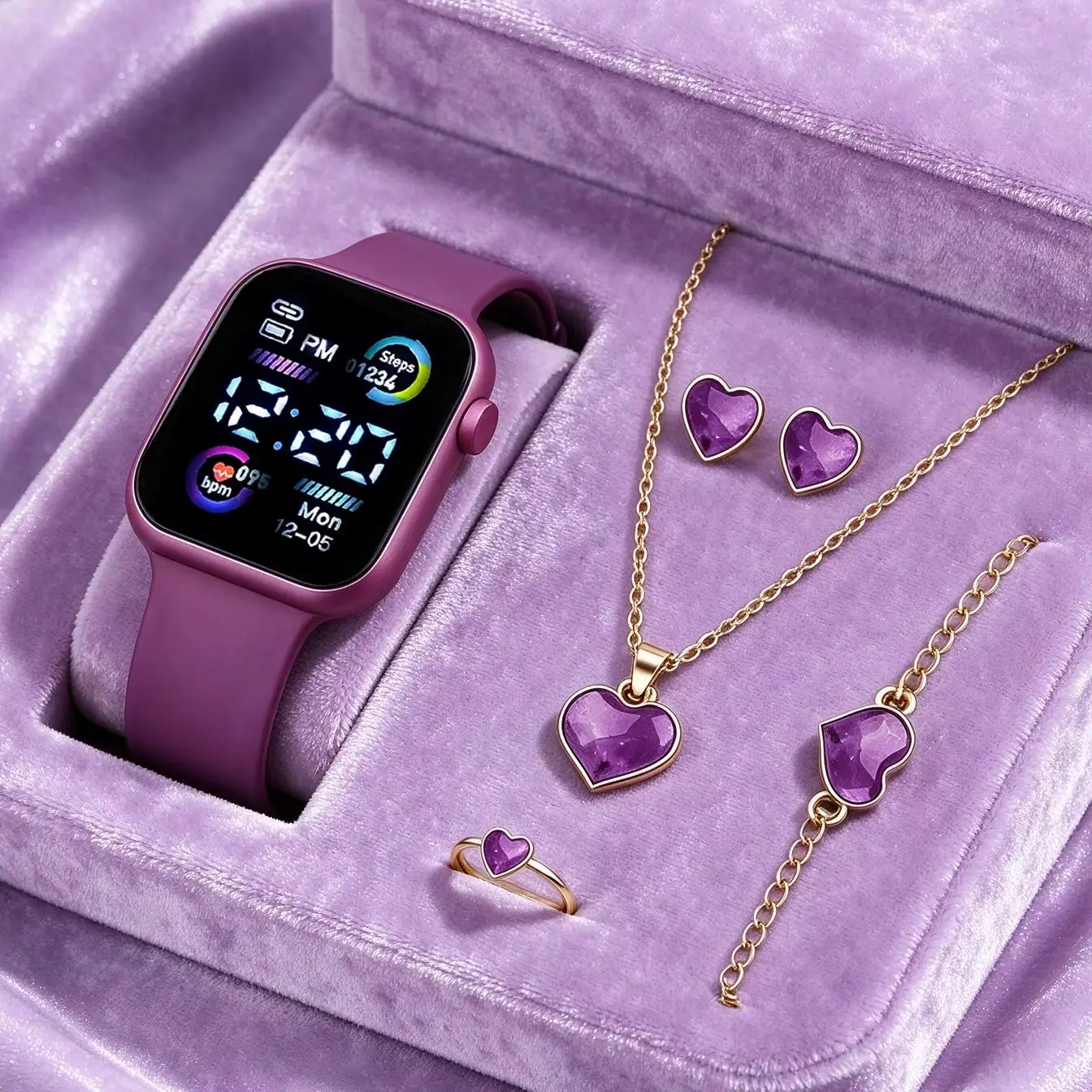 6-Piece Set: Digital Display Women's Electronic Watch and Quicksand Heart Series Jewelry Set, Birthday Gift, Sporty and Elegant, Suitable Gift for Giving