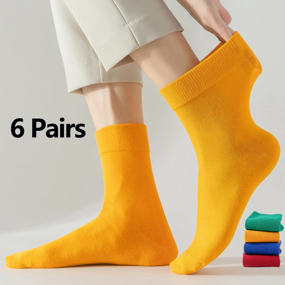 6 Pairs Socks for Diabetic Non-Binding Loose-Fit Cotton Crew Socks Comfortable Ventilated Soft for Women All Occasions 4Colors