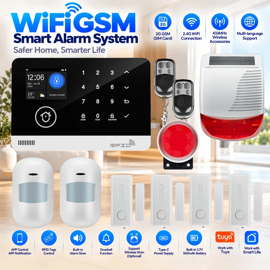 WIFI GSM Alarm System Wireless Home Burglar Security Alarm System Work with Tuya APP Control 433MHZ Siren Motion Detector PIR