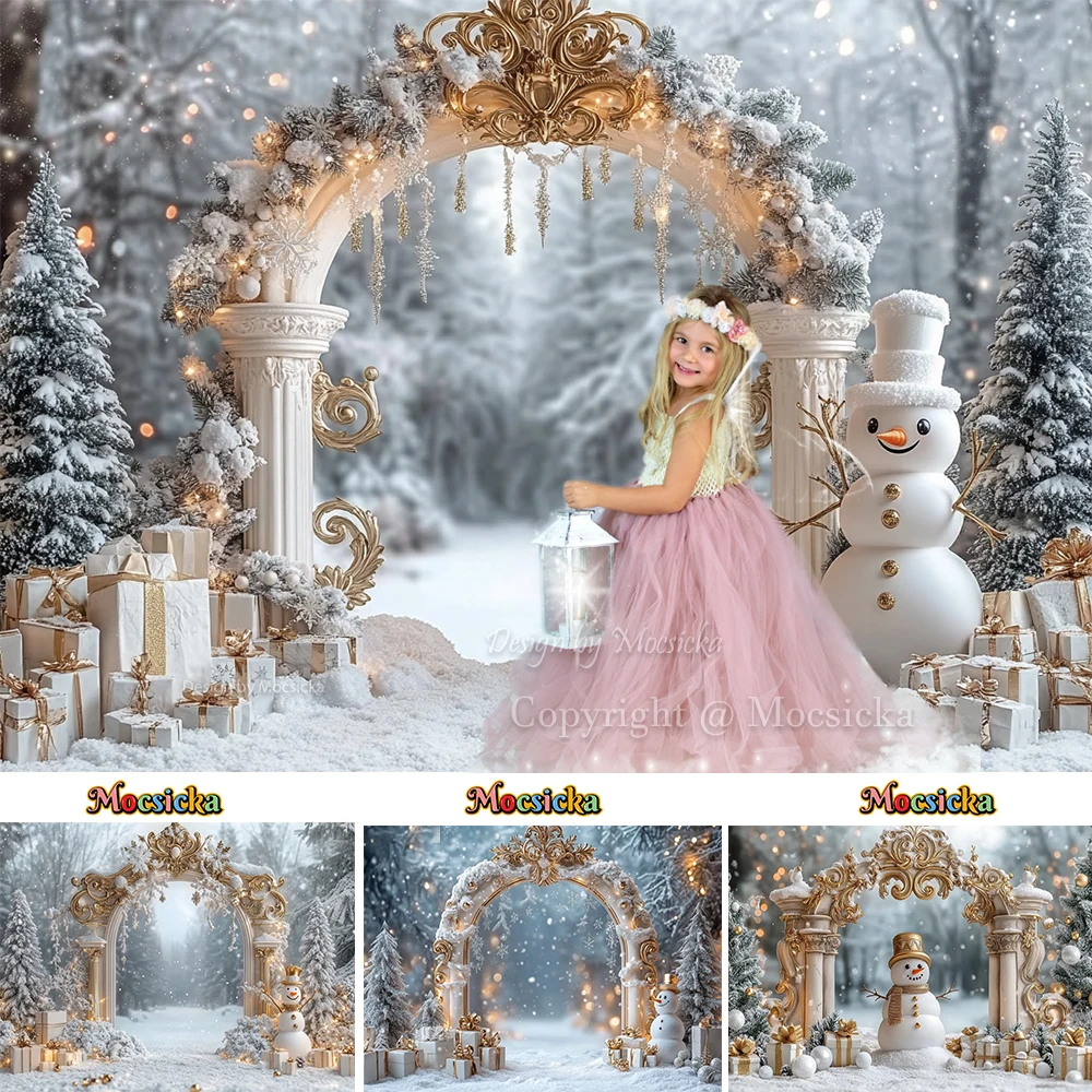 

Winter Wonderland Snowy Photography Background Girls Birthday Photo Gold Christmas Arch Door Forest Snowman Backdrop Gift Photo