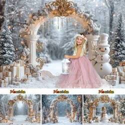 Winter Wonderland Snowy Photography Background Girls Birthday Photo Gold Christmas Arch Door Forest Snowman Backdrop Gift Photo