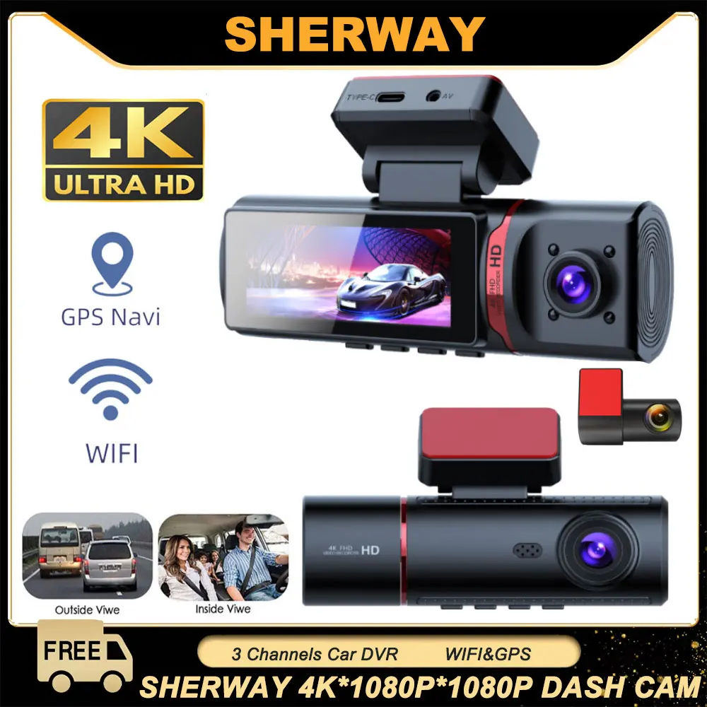 3-kanałowy rejestrator samochodowy UHD 4K z 3 obiektywami wewnątrz kamery samochodowej Trójdrożna kamera DVR Rejestrator wideo Kamera samochodowa GPS