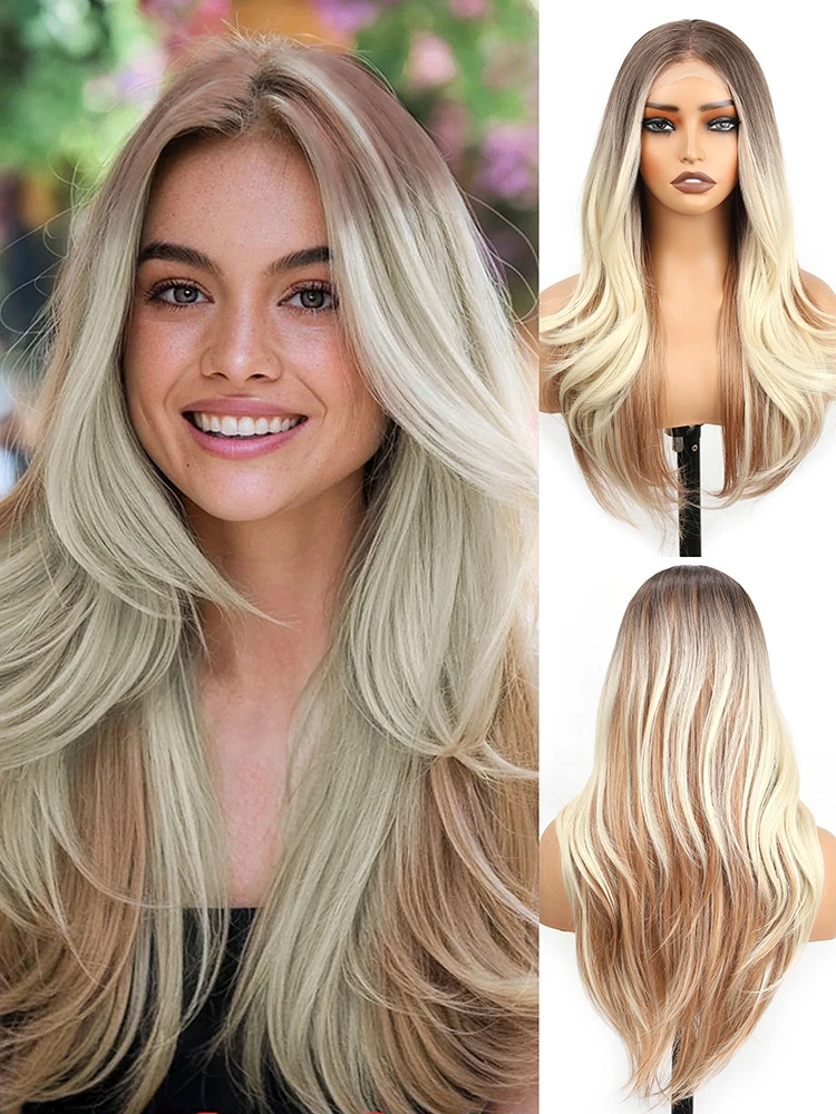 

Женский парик с градиентной окраской и коричневыми корнями, 13x4, с длинными многослойными волнистыми локонами, 24 дюйма, из синтетического волокна, подходит для повседневной носки.