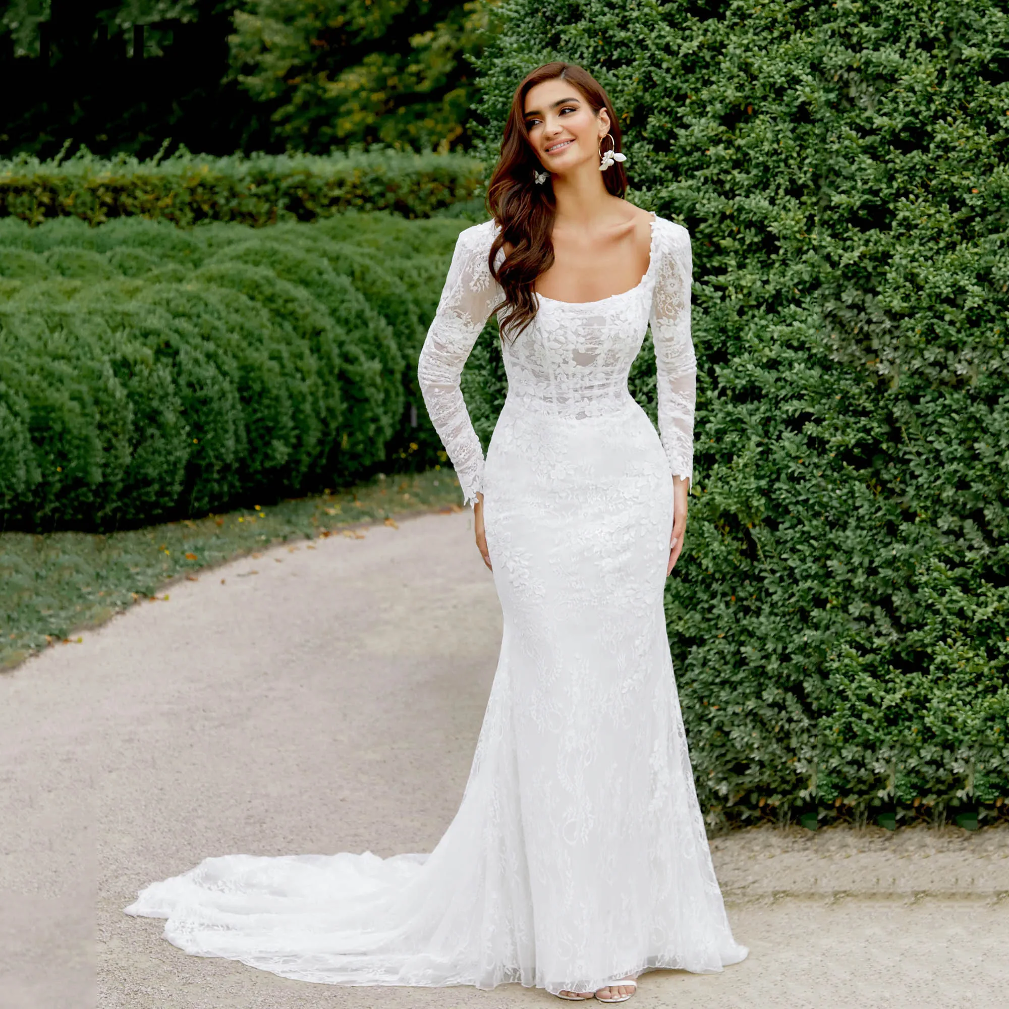 

JEHETH Long Sleeves Wedding Dresses Luxury 2025 Mermaid Square Neck Bridal Gowns Backless Appliques vestidos de novia Customized