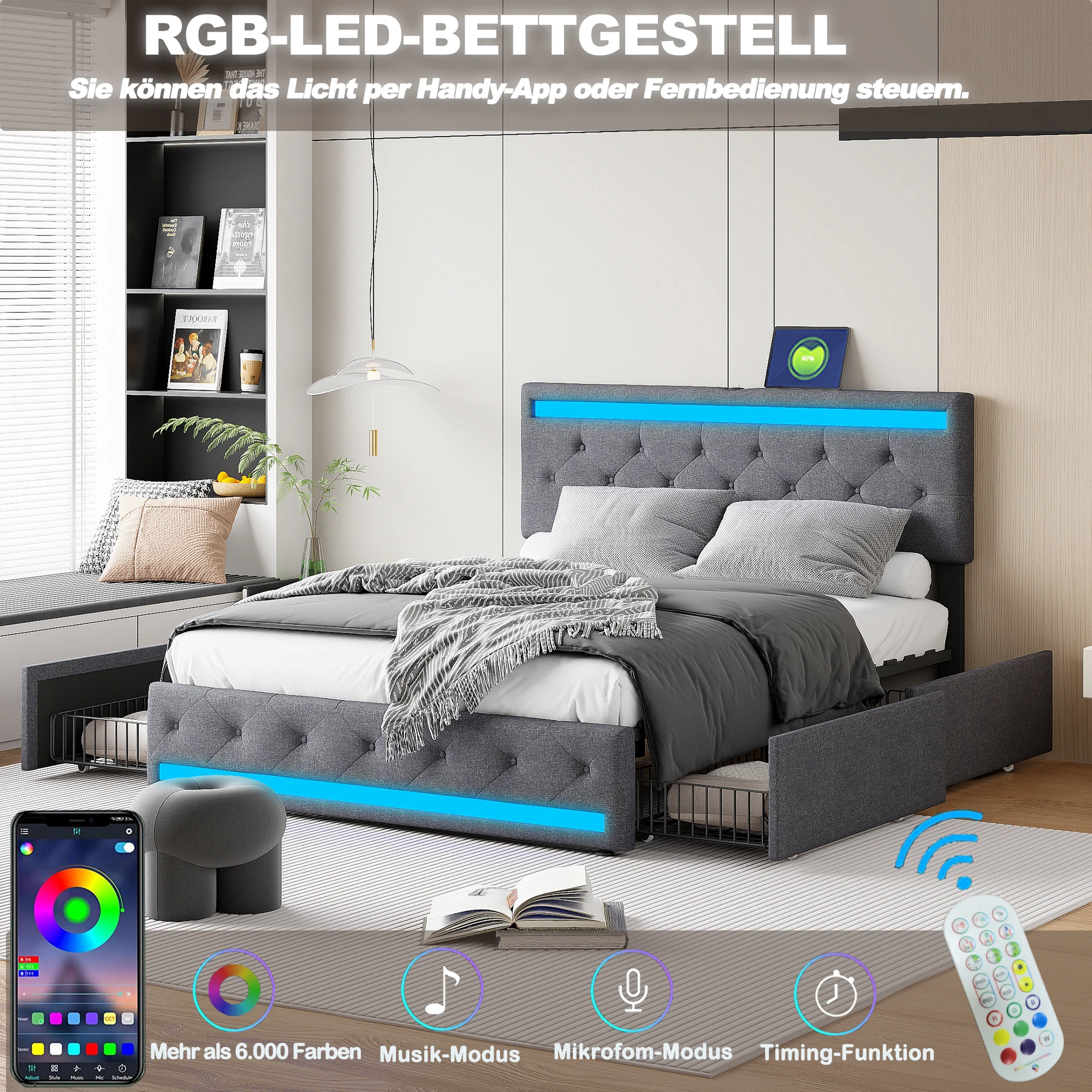 Upholstered bed 140x200 cm with USB charging headboard and LED lighting and 4 drawers, bed frame with double storage