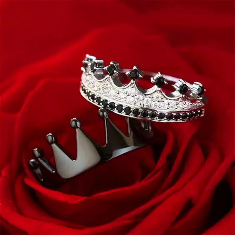 2 Piece Black And White Crown Ladies Party Rings Fashion Romantic Couple Jewelry Bridal Pair Rings