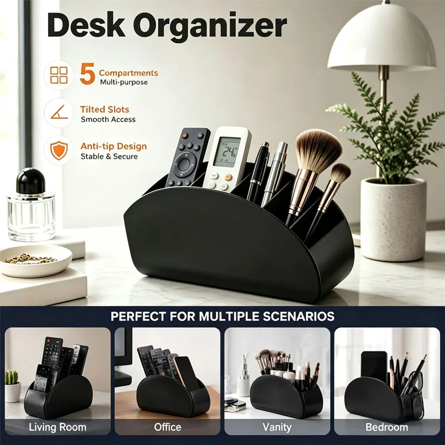 1Pc 5 Grid Desktop Organizer, Remote Control Phone Storage Box Makeup Brush Holder for Home Office Desk