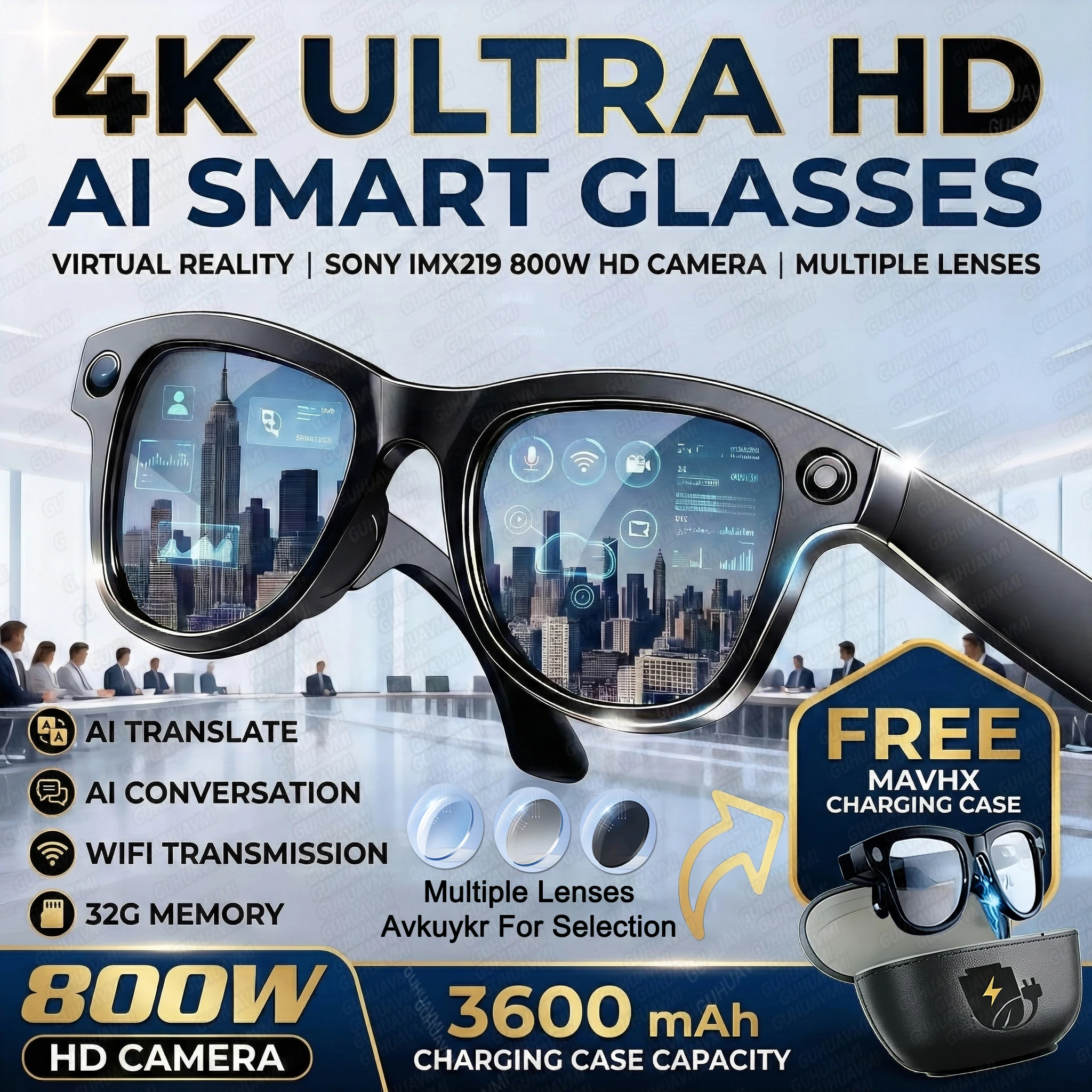 2026 New 32G Memory 800W 4K Camera Smart Glasses Men Photos&Videos 3600mAh Power Bank 120+Languages Translation AI Glasses Women