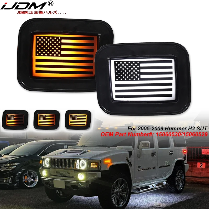 For Hummer H2 Front Blinkers Assembly Amber Turn Signal Lights White DRL Front Grill US Flag Indicator Parking Light 2003-2009