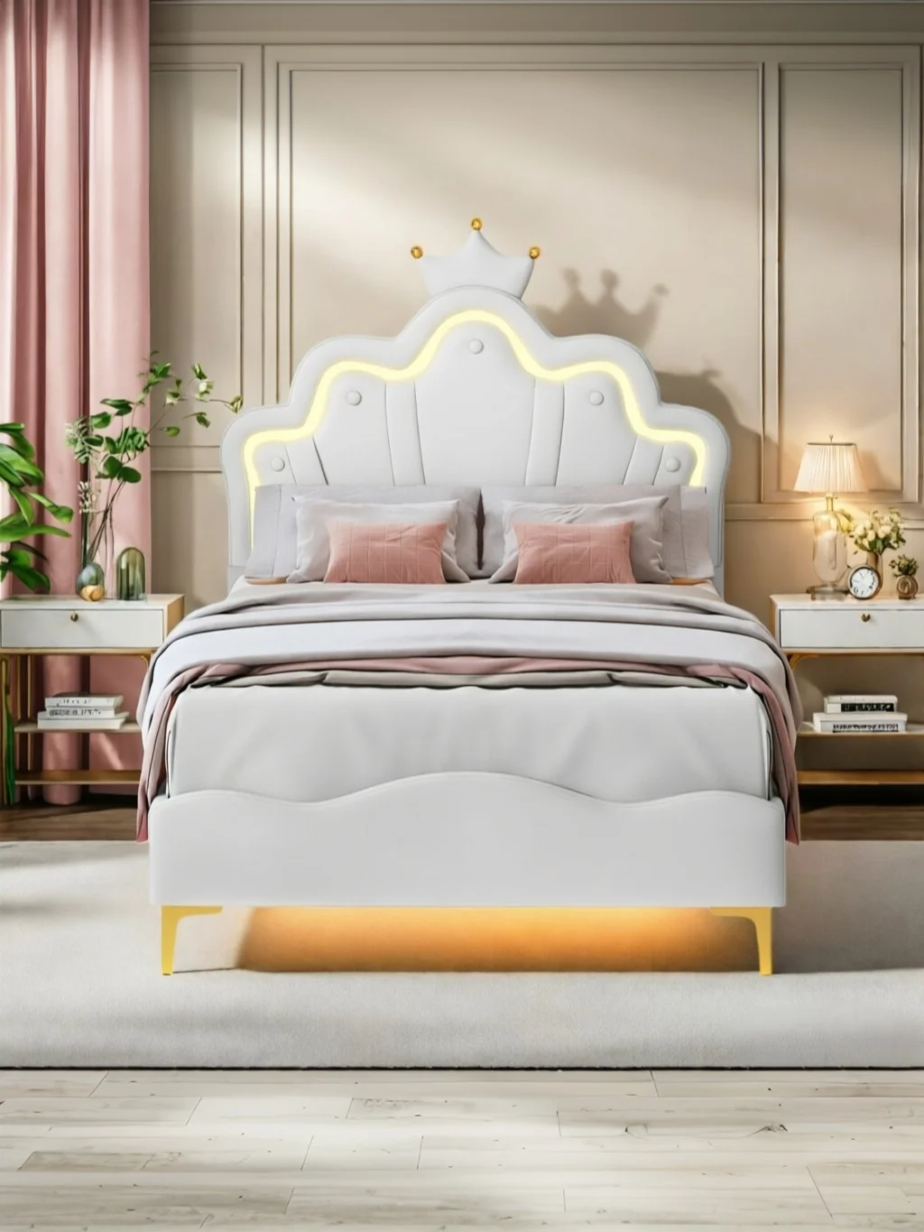 Eenpersoonsbed 90x200 cm-Kinderbed 90x200 cm-Prinsessenbed met kroon-Verstelbare lichtbalk - afbeelding 2