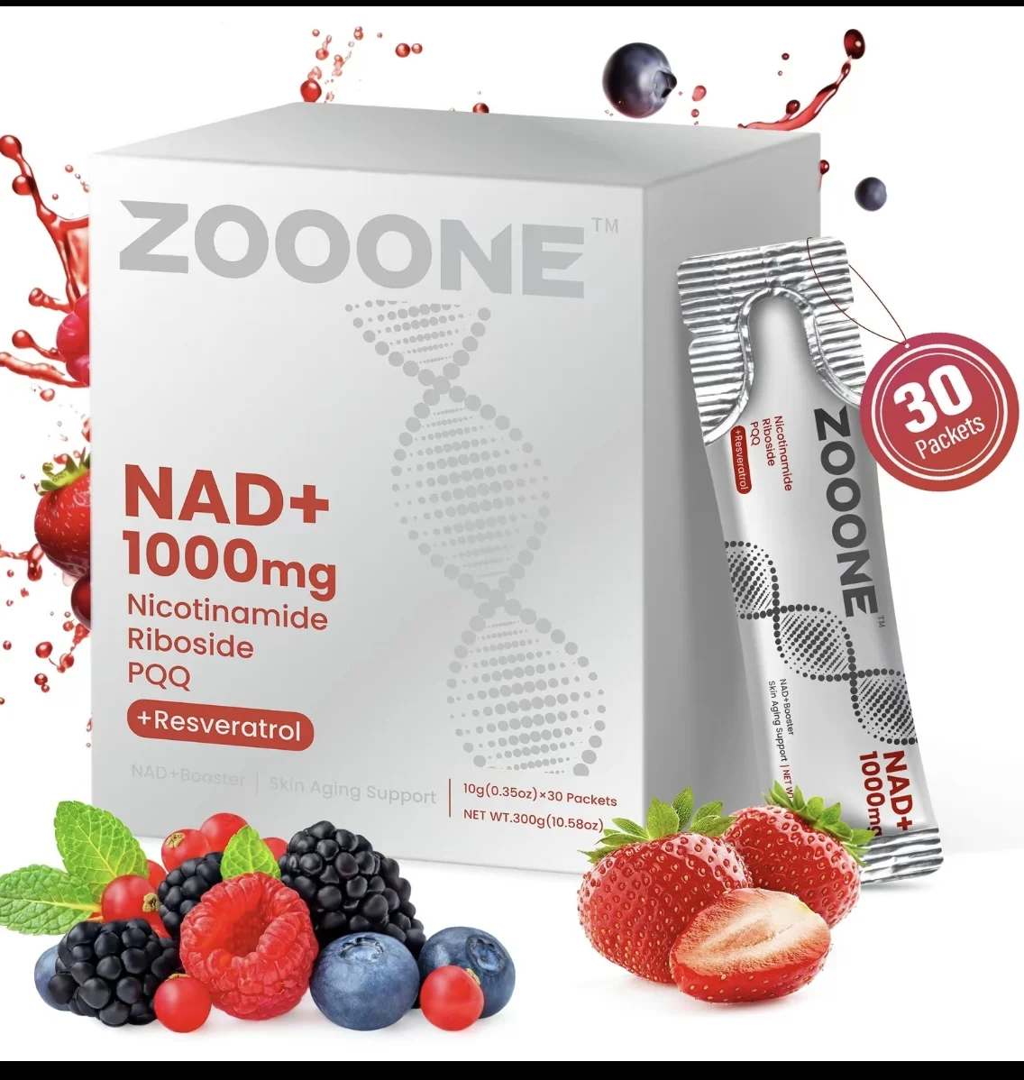 

ZOOONE NR1000-NAD + напиток со вкусом ягод, 30 шт. в упаковке для поддержки старения кожи, энергетики и фокусировки, витаминные добавки, здравоохранение