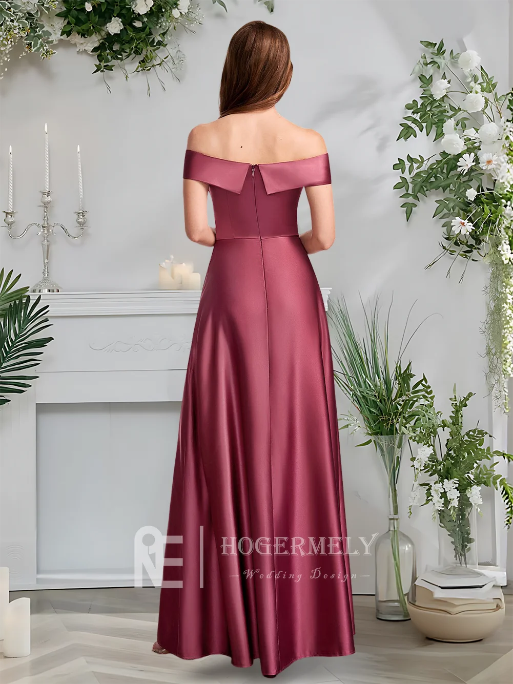 

B Mulberry Satin Bridesmaid Dresses A-Line Off Shoulder Floor-Length Elegant Wedding Party Evening Gowns 2025 Women Guest