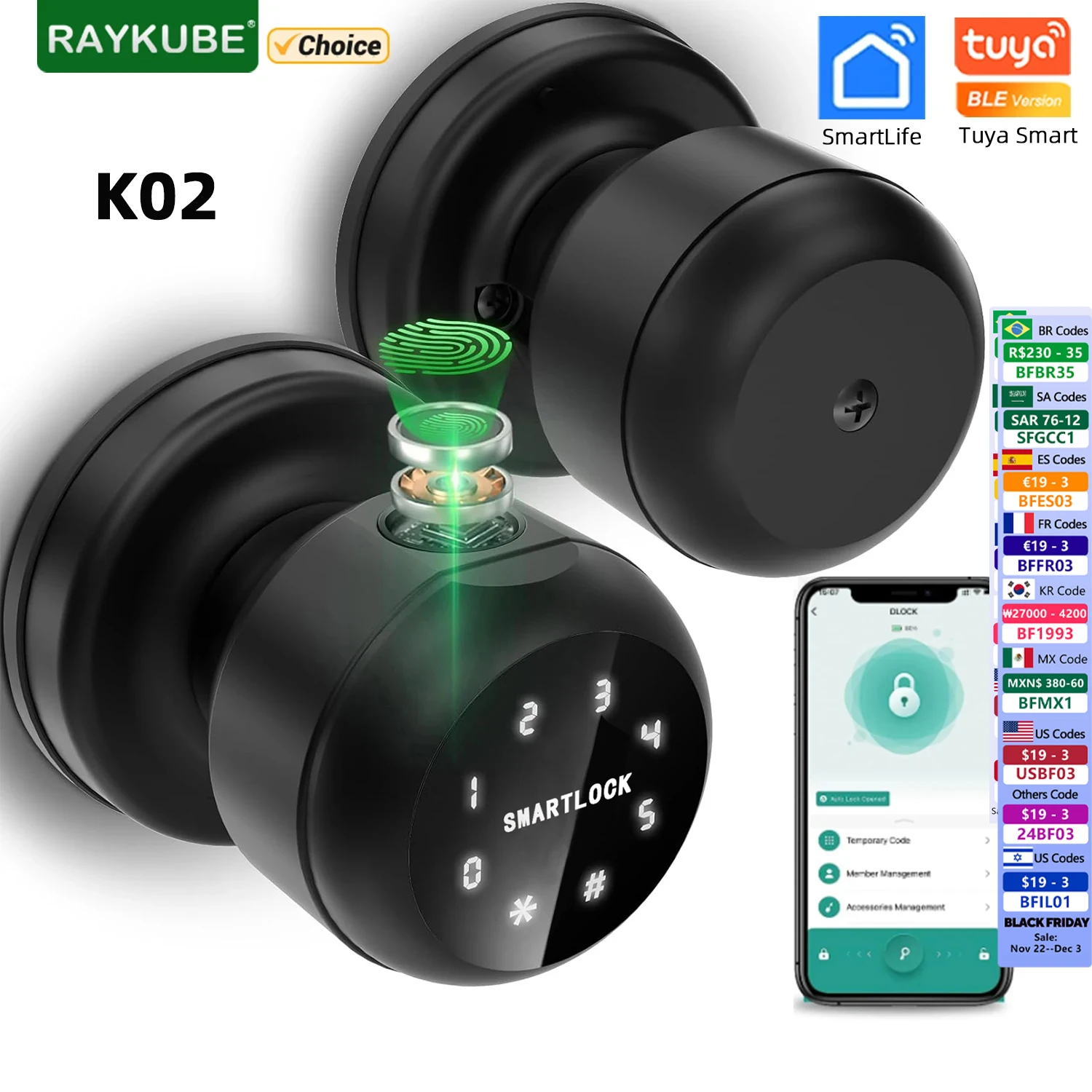 RAYKUBE K02 Round Knob Fingerprint Smart Lock Tuya Bluetooth Biometric With Mechanical Key/Password/APP Unlock Easy Replacement