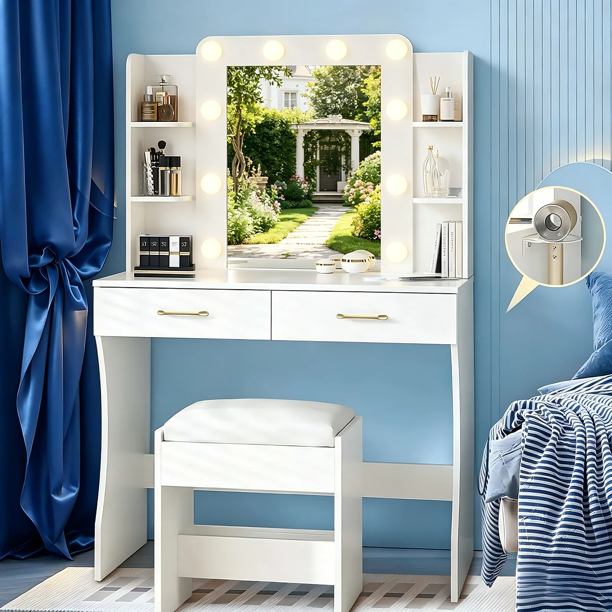 Tocador con espejo y luces, brillo ajustable, mesa de maquillaje blanca con enchufe, 2 cajones, taburete 1