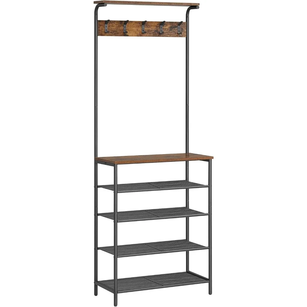 

Прихожая тумба-вешалка с сиденьем для обуви, 5-уровневая полка для обуви разной высоты, 5 двойных крючков, верхняя полка, органайзер для прихожей