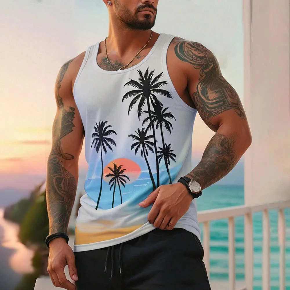 Hawaiian Coconut Palm Sunset Beach Men's Round Neck Vest Street Fashion Harajuku Daily Sports Fitness Men's Casual Vest