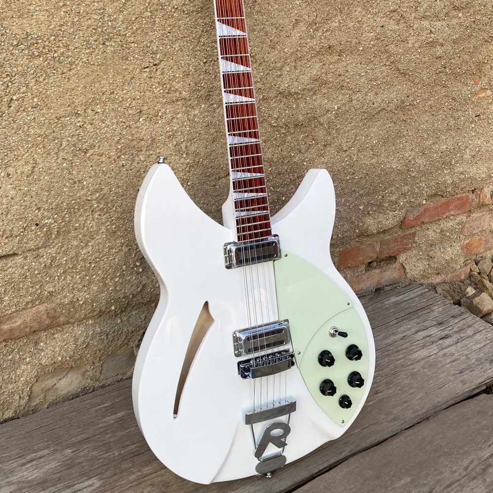 12 String Semi Hollow Body Electric Guitar, Mint Green Pickguard, White Color 360 Guitarra, Double Output Jacks, Free Shipping