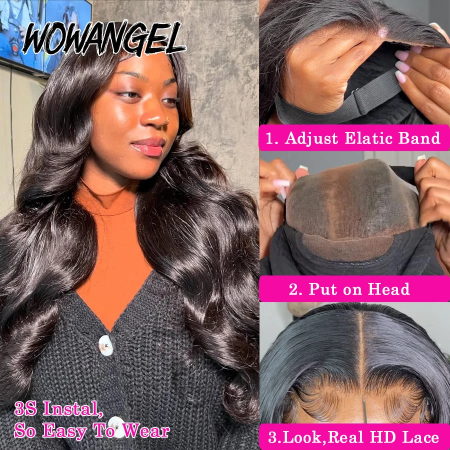 WOWANGEL 34in Pre Cut 9x6 HD Lace Closure Wigs Ready To Go Glueless Wigs Human Hair Body Wave Wigs Remy Brazilian Hair For Women