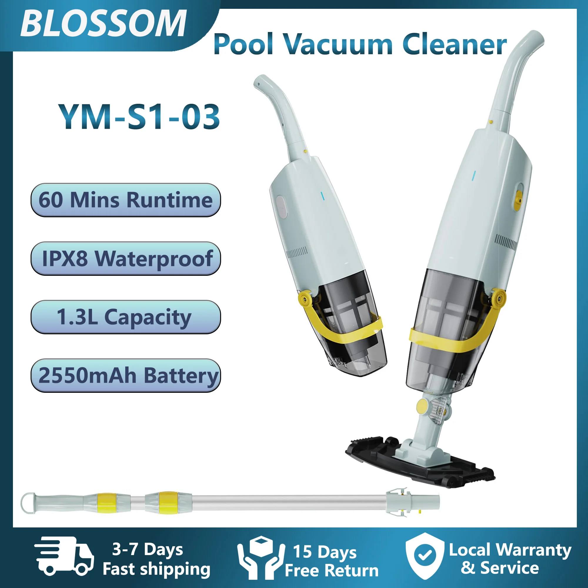 Aspirateur de piscine sans fil Blossom YM-S1-03, rechargeable, portatif, pour spas et petites piscines, nettoie le sable et les débris.