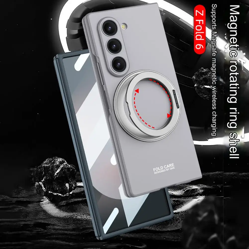 Thin Skin Matte Case For Samsung Galaxy Z Fold 6 With Glass Screen Protector and Magnetic Finger Ring, Stand Function