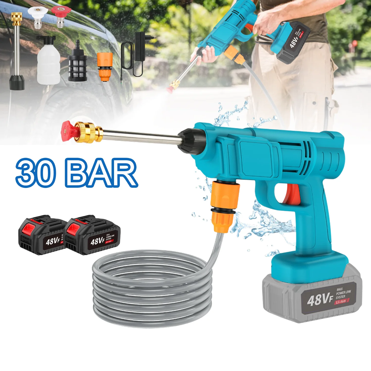 Nettoyeur haute pression sans fil, 30 bars, lave-auto portable, batterie 21V 12000mAh compatible avec Makita, buse 3-en-1 pour voiture et jardin