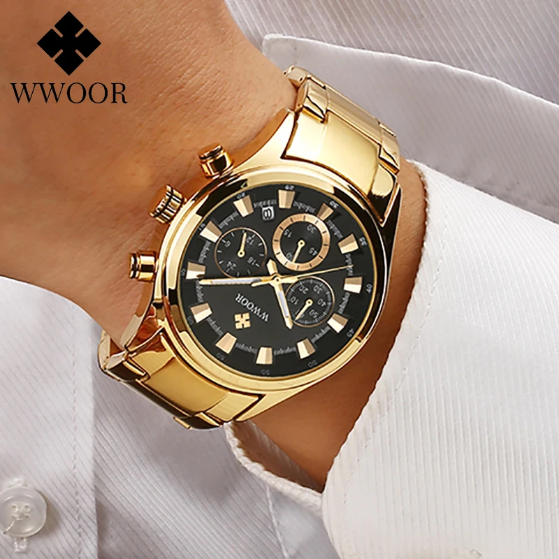 WWOOR Gold Stainless Steel Men Watch Fashion Chronograph Waterproof Quartz Watches Luminous Date Watch For Men Relogio Masculino