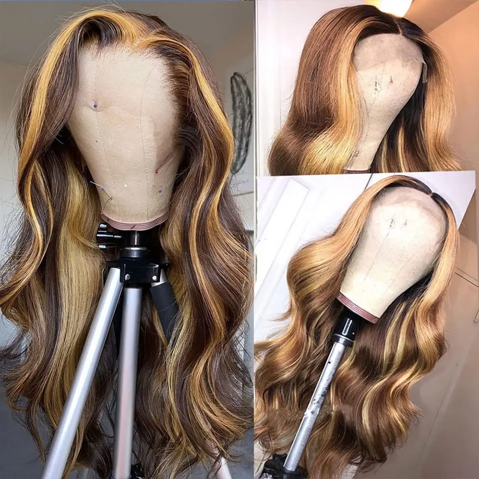 Links 250% Body Wave Wig Colored Ombre Blonde Human Hair 30 Inch 4/27 Highlight 13x6 HD Transparent Lace Frontal Wig For Women