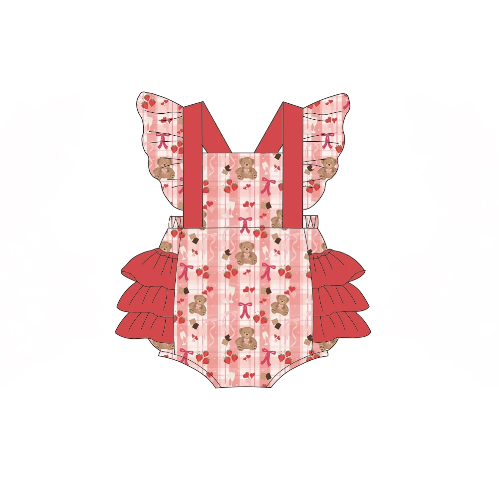 

Boutique Children's romper sling ruffles short jumpsuit with Fruit animal cartoon print Toddler clothing custom wholesale
