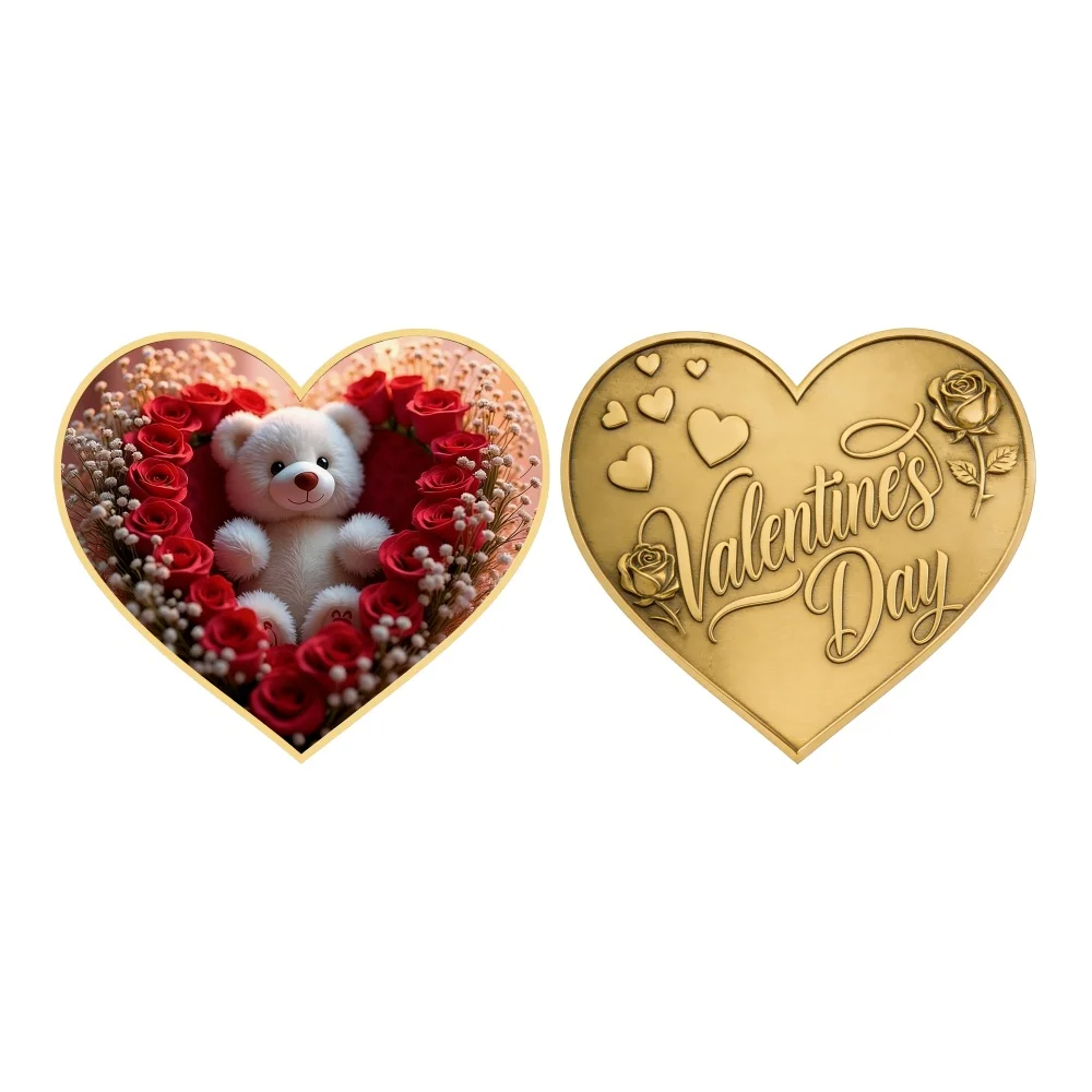 Wholesale Valentine's Day Heart Shape Gold Plated Coin Assorted Designs Teddy Bear/Cupid Lover Gift Collectible Crafts Souvenir