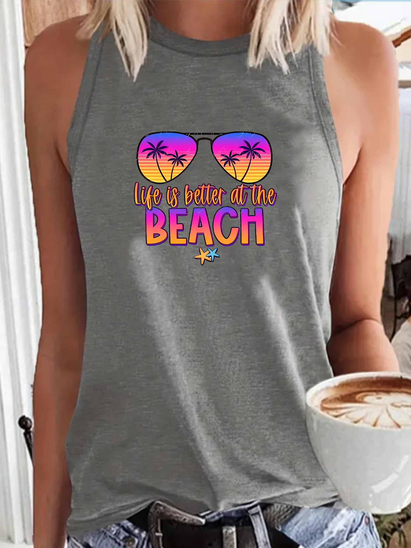 Summer Life Is Better At The Beach Sunglasses Funny Sports Women's Tank Top Loose O Neck Sleeveless Casual Tank