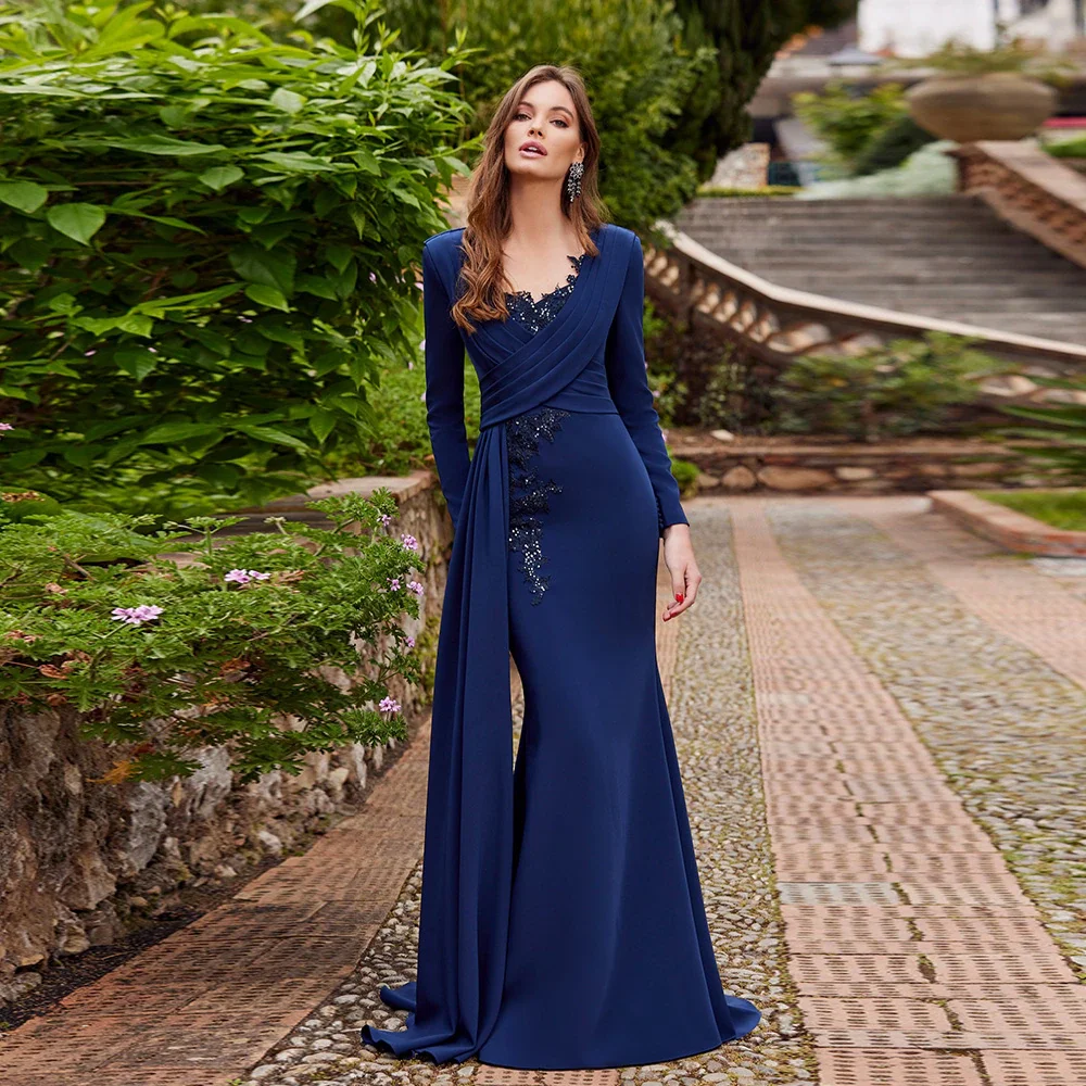 

15588# Scoop Neck Appliques Sequinned Lace Maxi Mother of Bride Dress Summer Wedding Evening Party Gown For Women