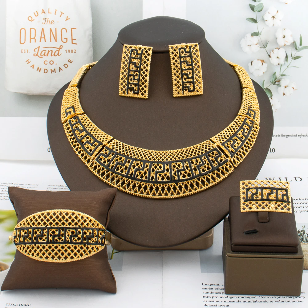 

Dubai African Stud Earrings Round Collar Necklace Design for Women 18K Gold Color Bracelet Ring Jewelry Set Ethiopia Bride Gift