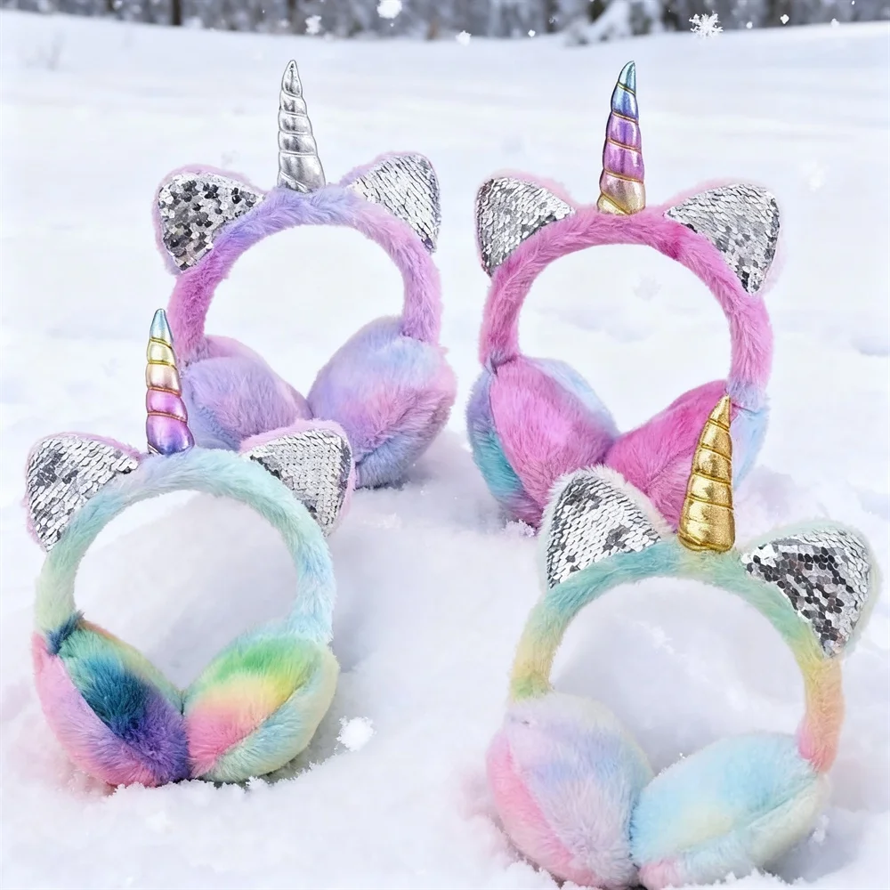 Autumn and Winter Soft Plush Warm Unicorn Earmuffs, Tie Dye Sequins Cat Ear Earmuffs, Protect Ears From Cold,Christmas Gifts
