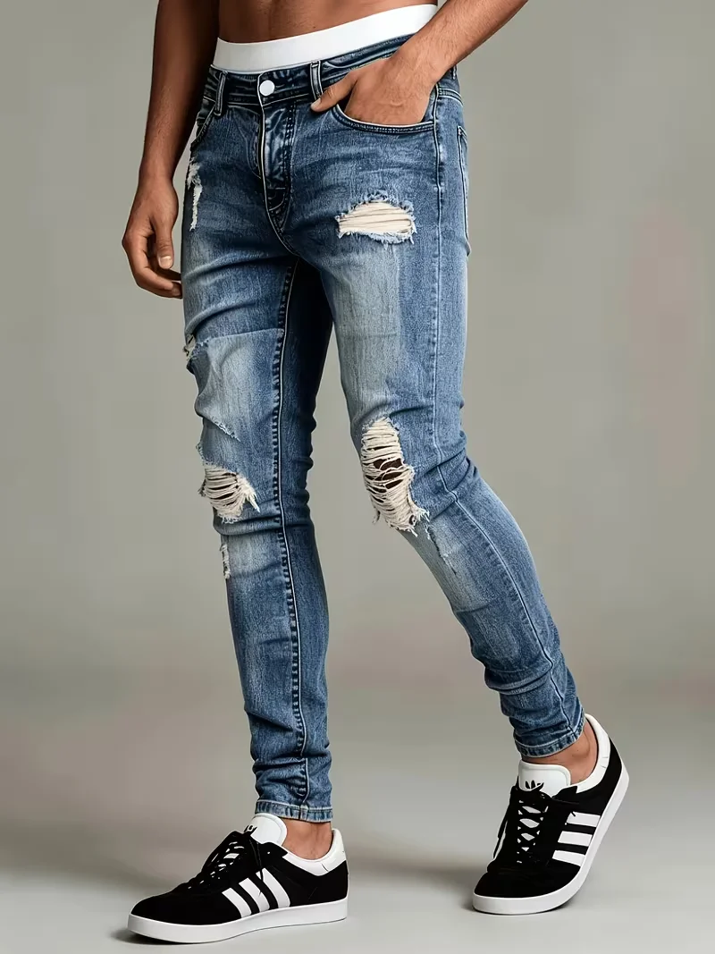 Men's Slim Fit Ripped Jeans, Casual Style, High Elasticity, Versatile Light Blue, Suitable for All Seasons
