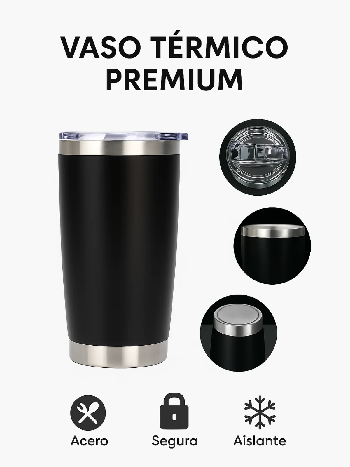 كوب حراري من الفولاذ المقاوم للصدأ، Kta-80، بهلوان بغطاء، ترمس محمول، ترمس للقهوة، المشروبات، الشمبانيا، الكوكتيلات، ترمس أسود معزول.