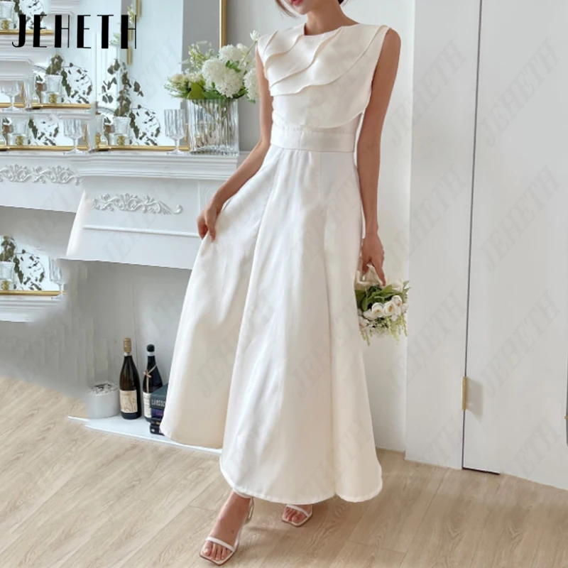 JEHETH Pleat O-Neck Korea Bridal Gowns For Women A-Line Simple Satin Wedding Dress Pearl Backless 웨딩드레스 Ankle-Length Sleeveless