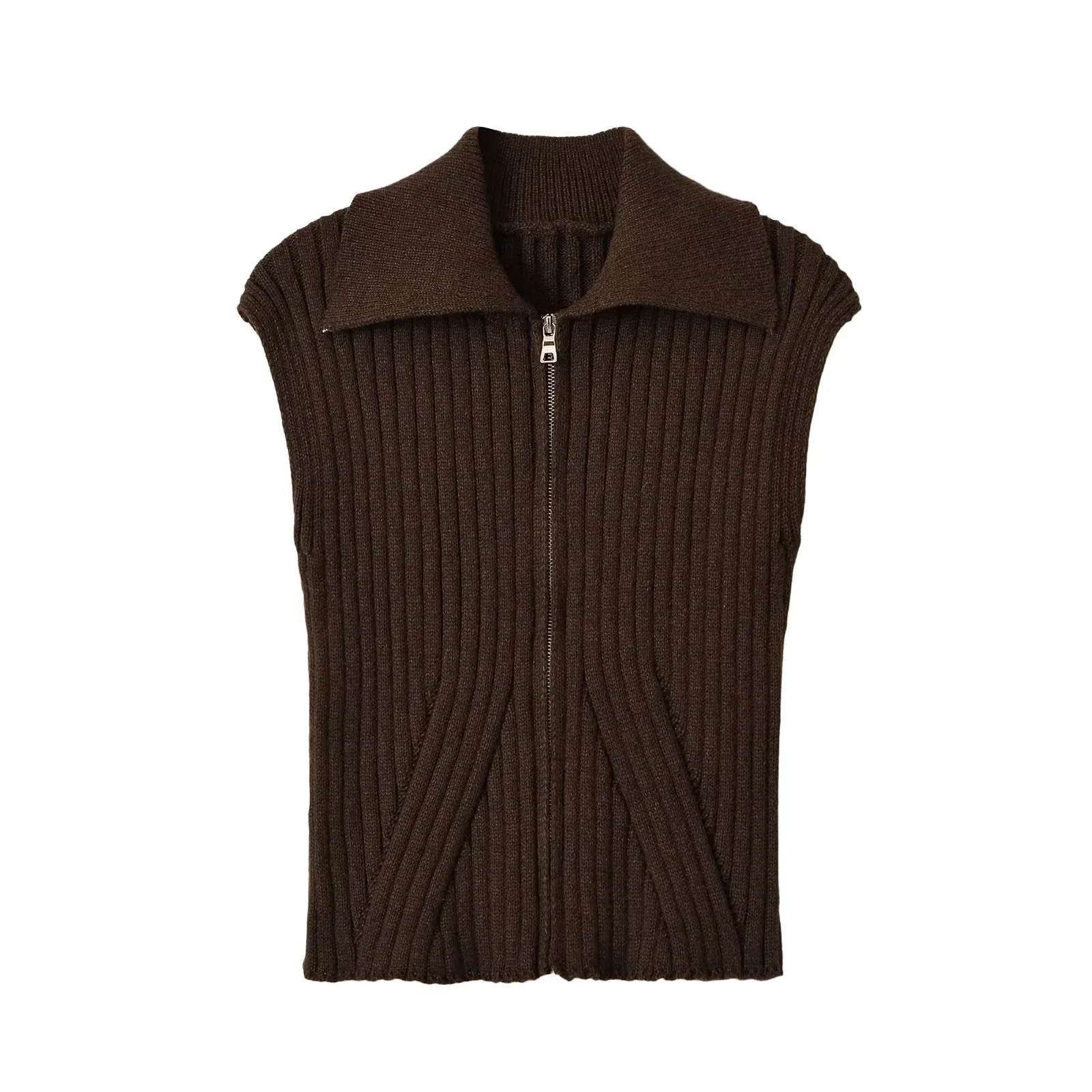 Women Dark Brown Zipper Lapel Sweater Vest Sleeveless Ribbed Knitted Tank Top Vintage Base Shirt Sueter Mujer Autumn 2026