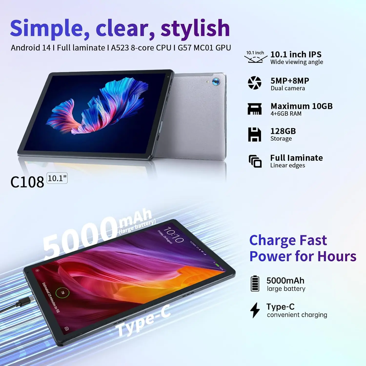 C108 10.1 Inch Tablet Octa-Core Processor 10GB RAM 128GB ROM Android 14 with Case Headphones Wireless Keyboard Mouse Stylus Pen